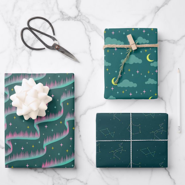 Night Sky Teal Green Wrapping Paper Trio Bundle (Front)