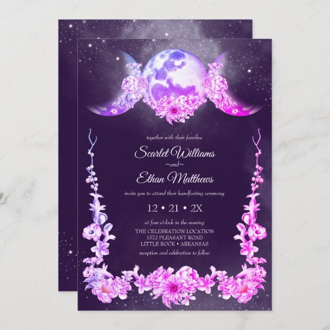 Night Sky Triple Moon Phases Purple Handfasting Invitation (Front/Back)