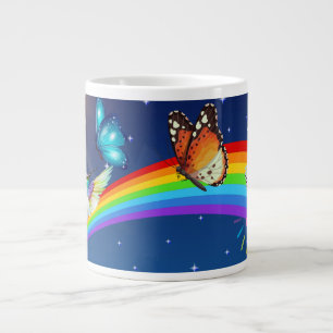 Night Sky, Two Birds, Butterflies, and a Rainbow Large Coffee Mug