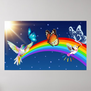 Night Sky, Two Birds, Butterflies, and a Rainbow Poster