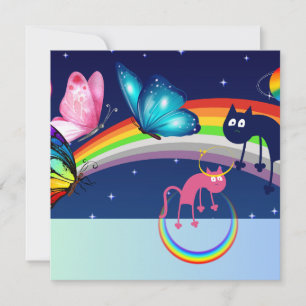 Night Sky, Two Cats, Butterflies, and a Rainbow Holiday Card