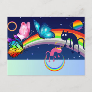 Night Sky, Two Cats, Butterflies, and a Rainbow Holiday Postcard