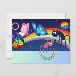 Night Sky, Two Cats, Butterflies, and a Rainbow Postcard