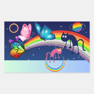 Night Sky, Two Cats, Butterflies, and a Rainbow Rectangular Sticker