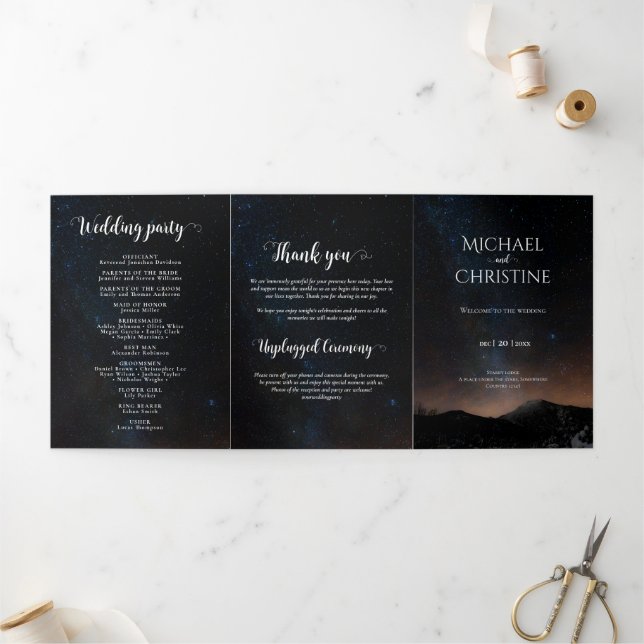 Night sky wedding under the stars Tri-Fold programme (Outside)