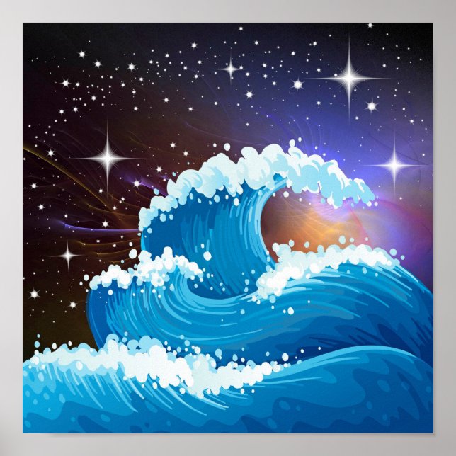 Night Sky with Giant Asian Wave Drawing | Blue Art Poster (Front)