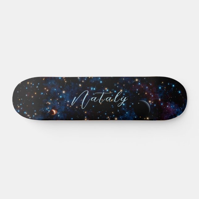 Night sky with stars and planets personalised skateboard (Horz)