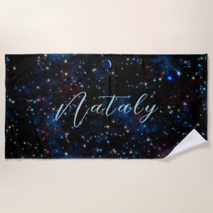 Night sky with stars and planets personalized beach towel
