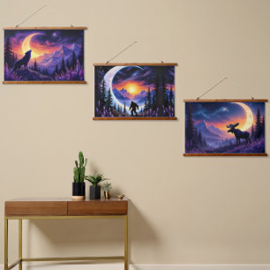Night Sky Wolf Sasquatch Moose Crescent Moon Hanging Tapestry