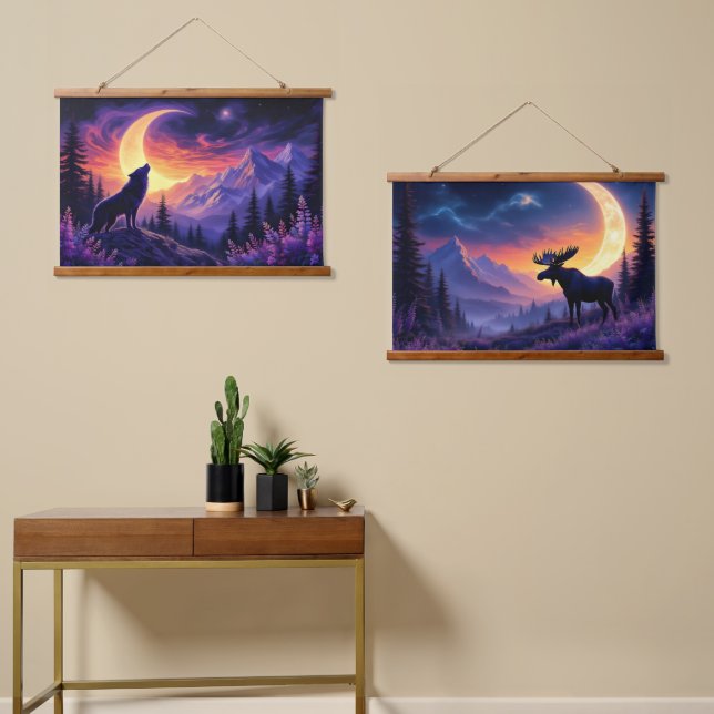  Night Sky Wolf Sasquatch Moose Crescent Moon Hanging Tapestry (Asymmetrical)