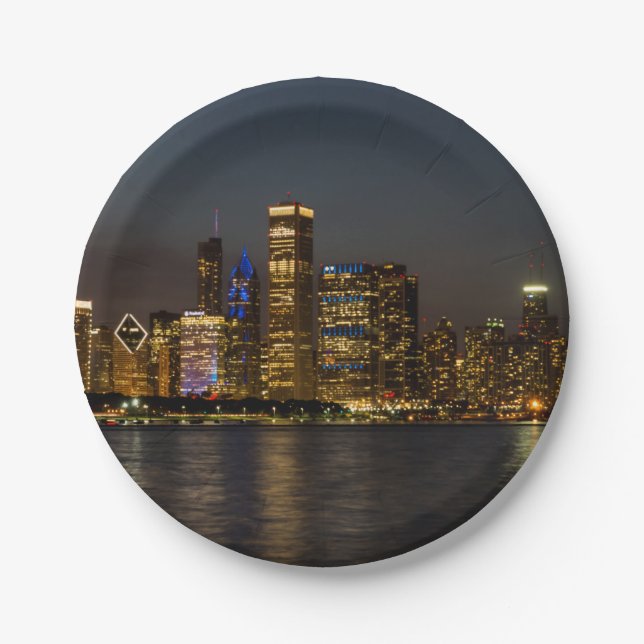 Night Skyline Chicago Pano Paper Plate (Front)