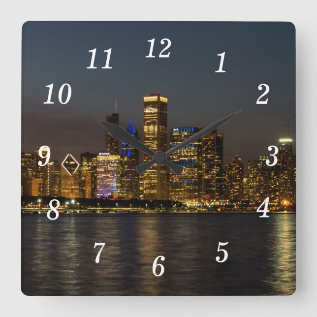 Night Skyline Chicago Pano Wall Clock (Front)