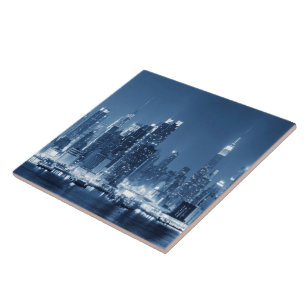 Night Skyline Manhattan Panoramic View Ceramic Tile