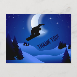 Night Snowboarding Mountain and Moon Thank You Postcard