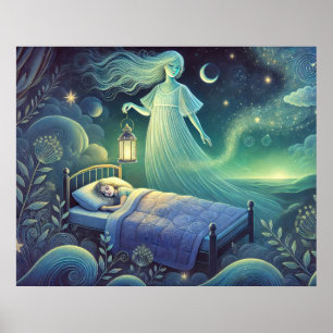 Night Spirit with Lantern Over Sleeping Child Poster