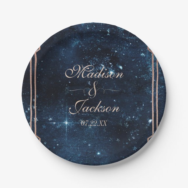 Night Star Sky Celestial Galaxy Wedding Monogram Paper Plate (Front)