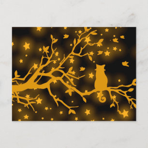 Night Stargazing Cat on a Tree Branch Postcard