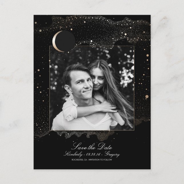 Night Stars Black and Gold Photo Save the Date Announcement Postcard (Front)