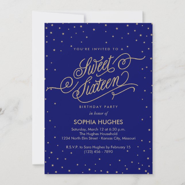 Night Stars Blue & Gold Sweet Sixteen Party Invitation (Front)
