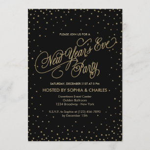 Night Stars Gold & Black New Year's Eve Party Invitation