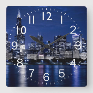 Night Time Chicago  scene Square Wall Clock