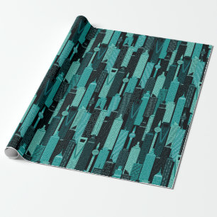 Night time city skyline pattern wrapping paper