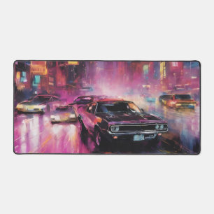 Night-time Street Racing in Vibrant City Desk Mat