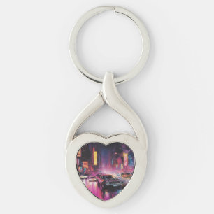 Night-time Street Racing in Vibrant City Key Ring
