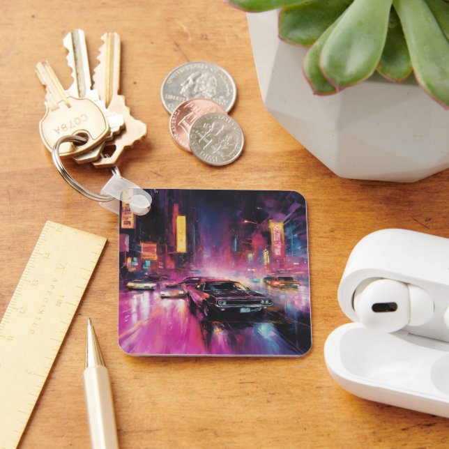 Night-time Street Racing in Vibrant City Key Ring (Desk)