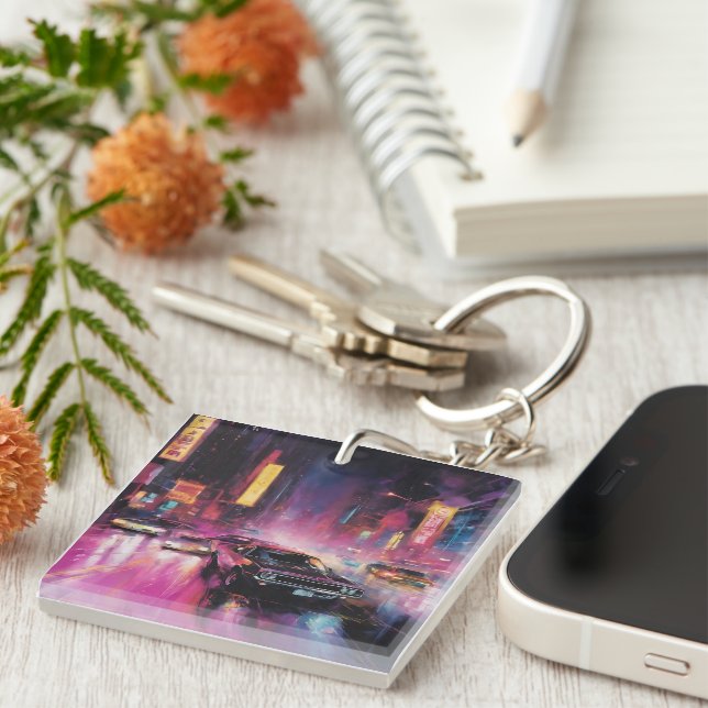 Night-time Street Racing in Vibrant City Key Ring (Front Right)