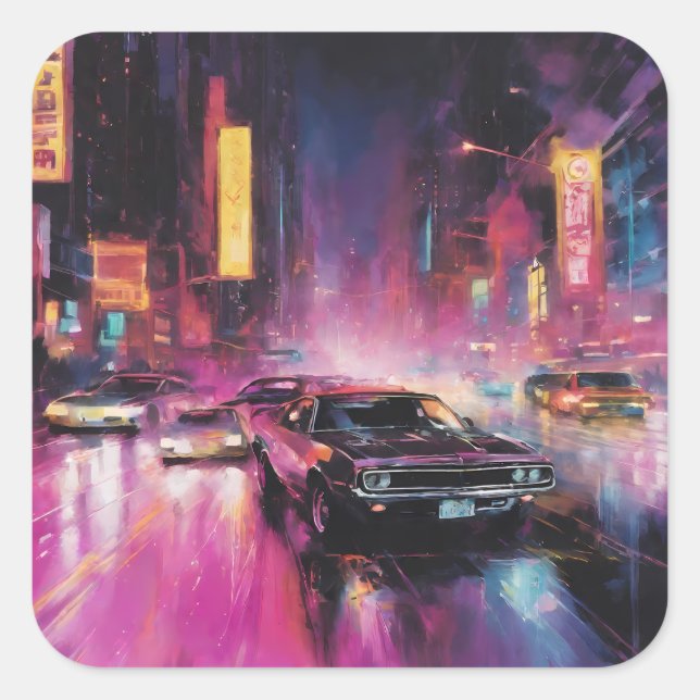 Night-time Street Racing in Vibrant City Square Sticker (Front)
