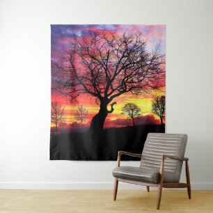 Night Trees Silhouette in the Forest - Black Tree Tapestry