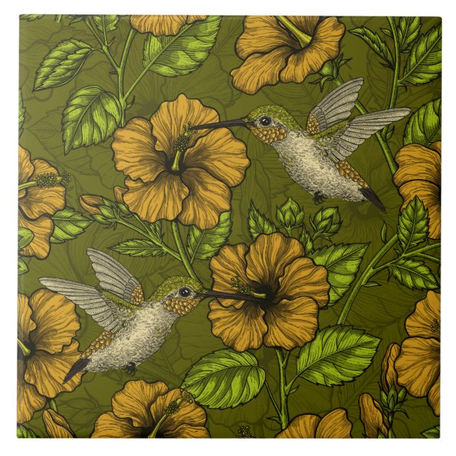 Night tropical garden yellow and green ceramic tile (Front)