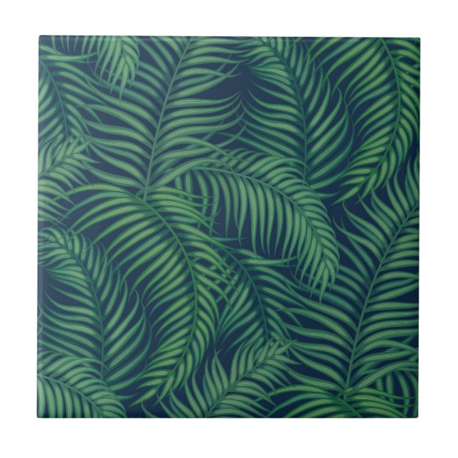 Night tropical palm leaves ceramic tile (Front)