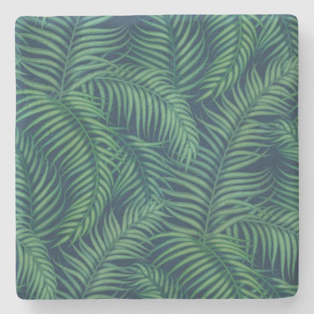 Night tropical palm leaves stone coaster (Front)