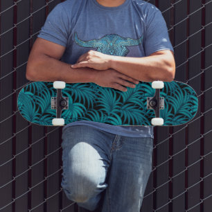 Night Tropical Teal Palm Leaves Skateboard