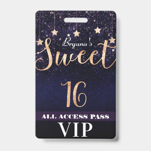 Night under Stars Gold Purple Sweet 16 VIP Pass ID Badge