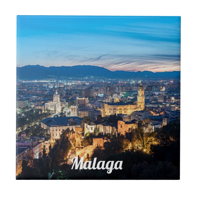 Night view of Malaga Cathedral in Malaga, Spain Ceramic Tile (Front)