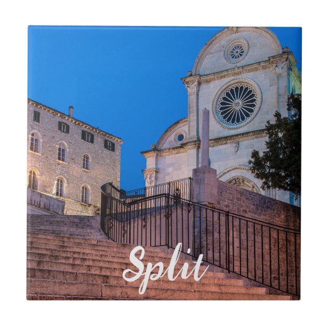 Night view of stairs and church in Split, Croatia Ceramic Tile (Front)