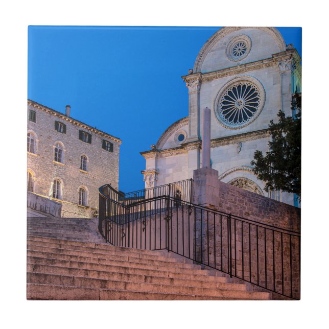 Night view of stairs and church in Split, Croatia Ceramic Tile (Front)
