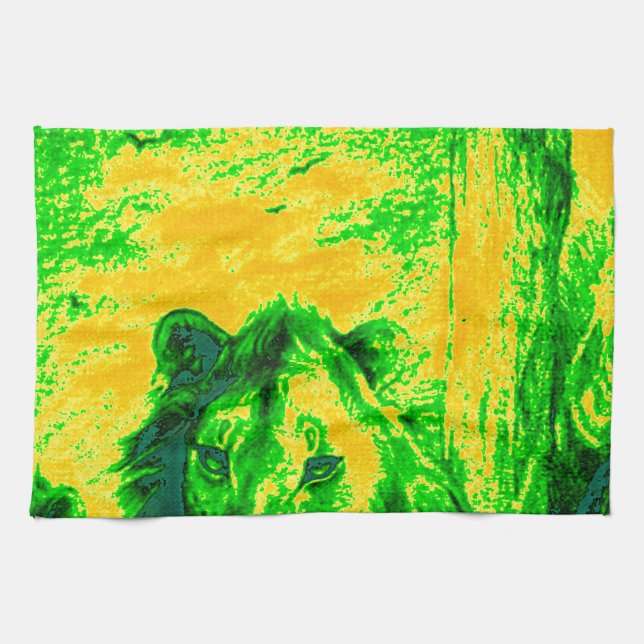 Night Vision Lion Art Fluorescent Print Tea Towel (Horizontal)