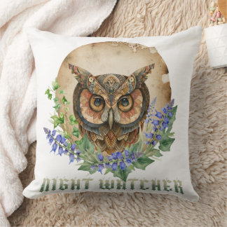 Night Watcher Boho Owl Illustration Cushion