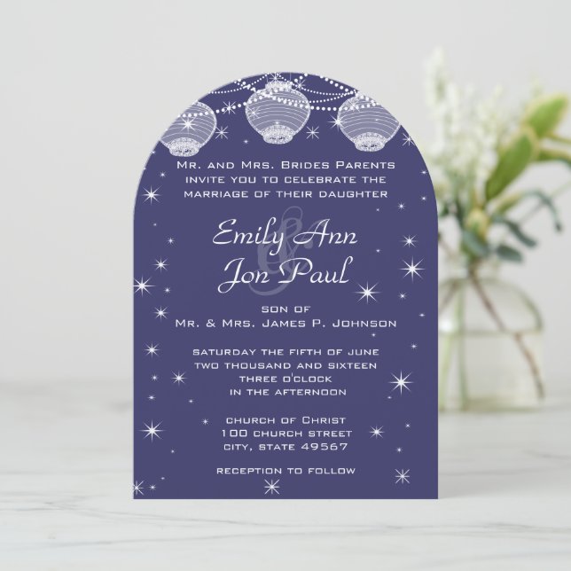 Night Wedding Navy Blue Lanterns Stars Garland Invitation (Standing Front)