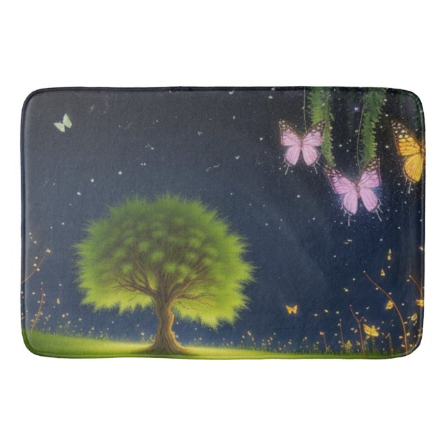 Night Willow Tree w/butterflies and fireflies Bath Mat (Front)