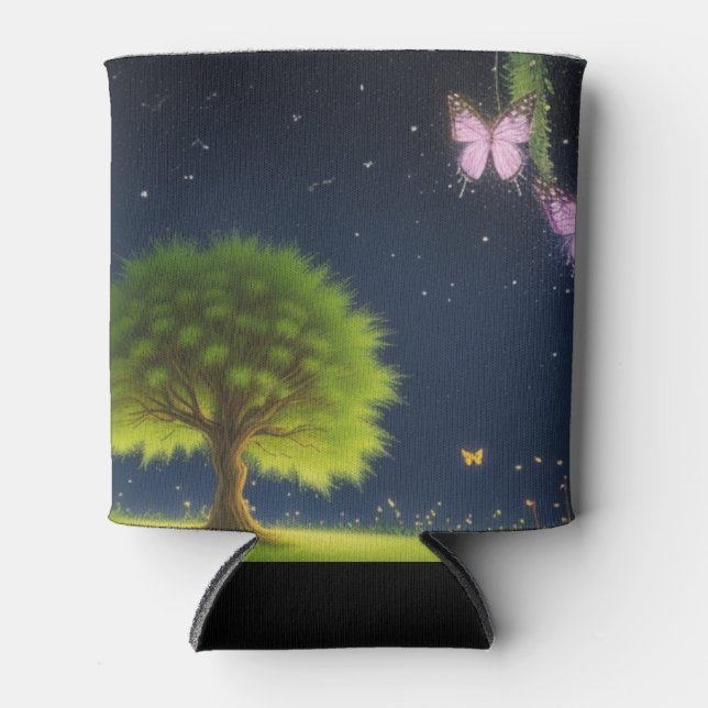 Night Willow Tree w/butterflies and fireflies Can Cooler (Front)