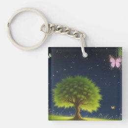 Night Willow Tree w/butterflies and fireflies Key Ring