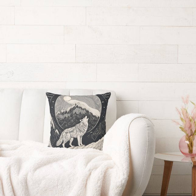 Night Wolf Howl – Moonlight & Forest Aesthetic Cushion (Couch)