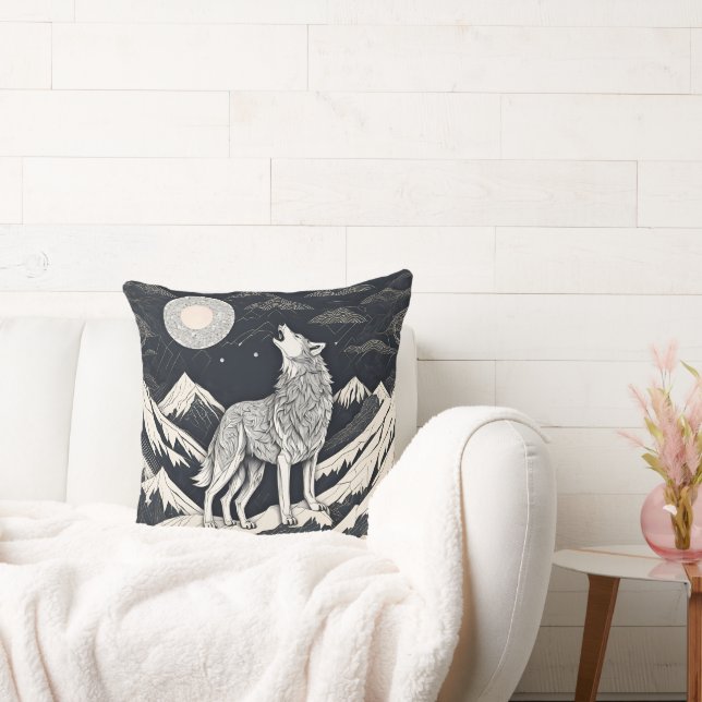 Night Wolf Howl – Moonlight & Forest Aesthetic Cushion (Couch)