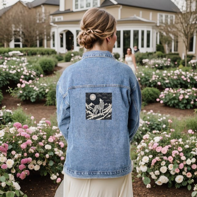 Night Wolf Howl – Moonlight & Forest Aesthetic Denim Jacket (Wedding Back)