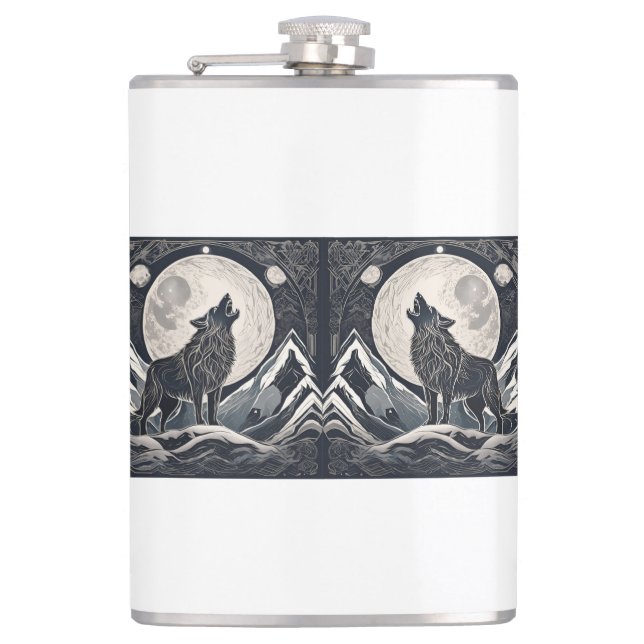 Night Wolf Howl – Moonlight & Forest Aesthetic Hip Flask (Front)